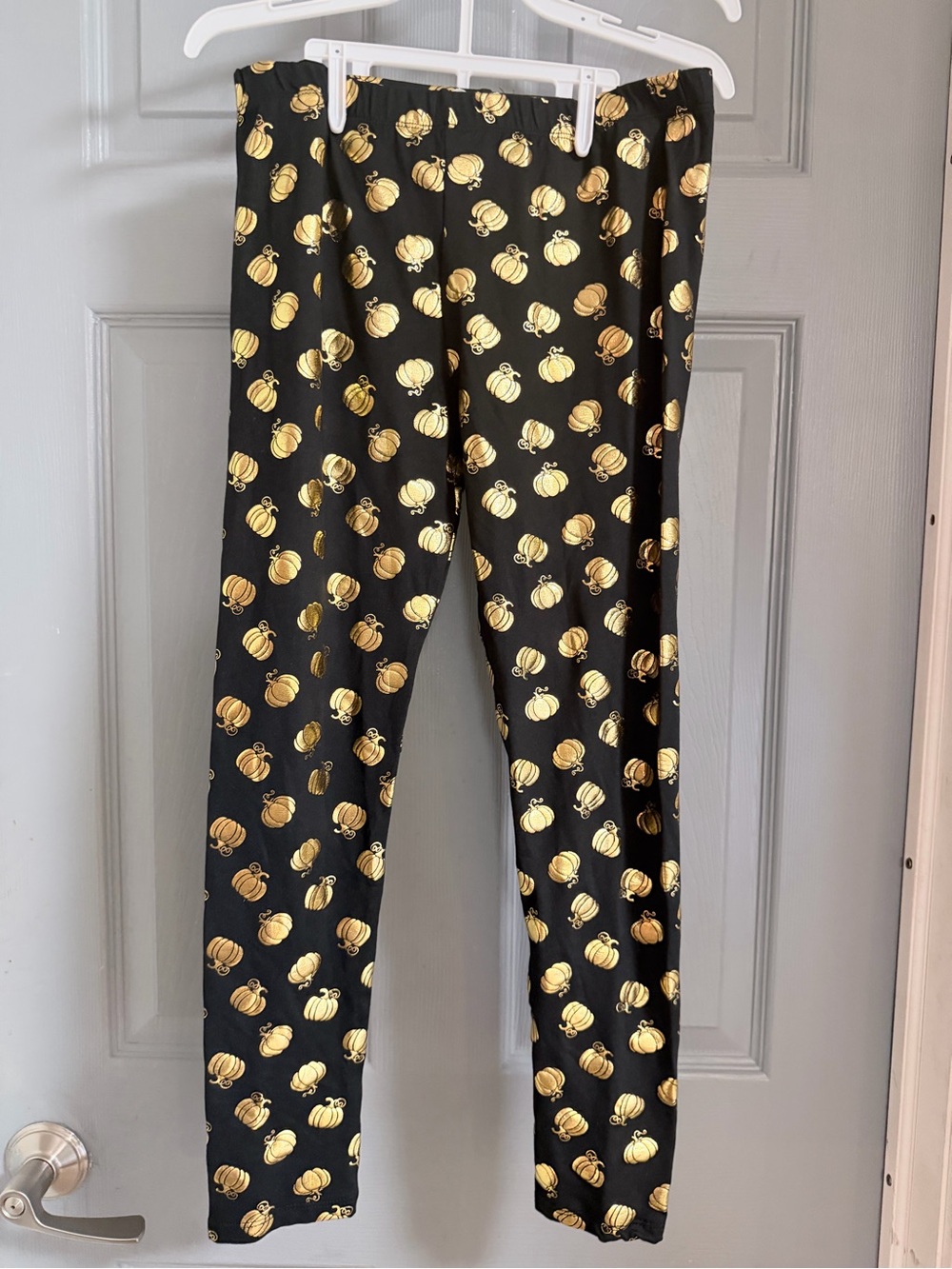 Black Halloween Kids Leggings with Gold Pumpkin Print